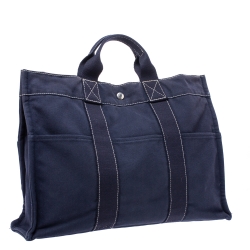 Pre Owned Hermes Dark Blue Canvas Deauville MM Bag