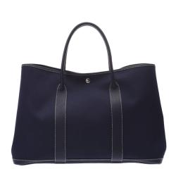 مملوكة مسبقًا Hermes Navy Blue Toile Leather Garden Party GM Bag