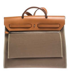 Pre Owned Hermes Natural/Khaki Canvas and Leather Herbag Zip 39 Bag