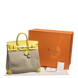 Hermes Soufre/Beige Canvas and Leather Palladium Hardware HAC Birkin 40 Bag