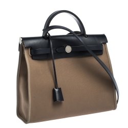 Pre Owned Hermes Blue Nuit/Khaki Canvas and Leather Herbag Zip 31 Bag