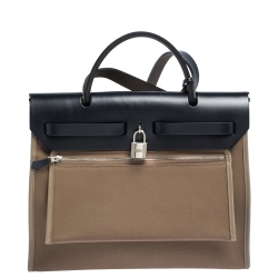 Pre Owned Hermes Blue Nuit/Khaki Canvas and Leather Herbag Zip 31 Bag