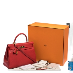 Pre Owned Hermes Rouge Casaque Togo Leather Gold Hardware Kelly Retourne 35 Bag