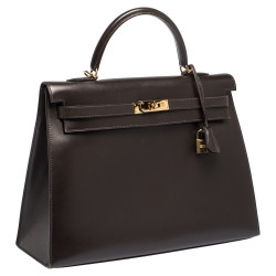 Pre Owned Hermes Cacao Box Calf Leather Gold Hardware Kelly Sellier 35 Bag