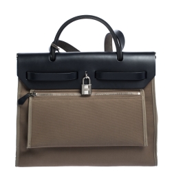 Pre Owned Hermès Bleu Indigo/Khaki Canvas and Leather Herbag Zip 31 Bag