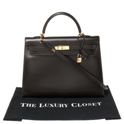 Pre Owned Hermes Cacao Box Calf Leather Gold Hardware Kelly Sellier 35 Bag