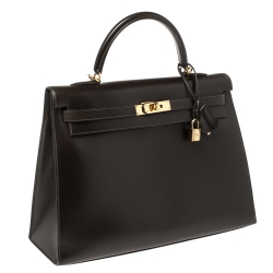 Pre Owned Hermes Cacao Box Calf Leather Gold Hardware Kelly Sellier 35 Bag