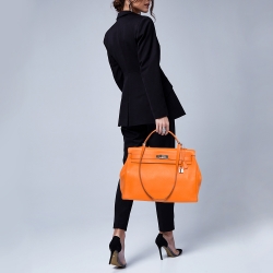 Hermes Orange Clemence Leather Palladium Hardware Kelly Retourne 40 Bag