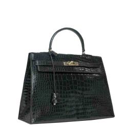 Hermes Black Porosus Crocodile Leather Gold Hardware Kelly Bag