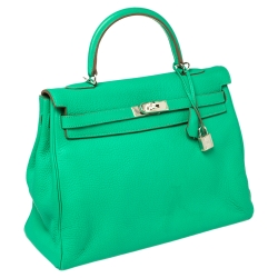 Pre Owned Hermes Menthe Taurillon Clemence Leather Palladium Finished Kelly Retourne 35 Bag