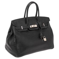 Hermes Noir Taurillon Clemence Leather Palladium Plated Birkin 35 Bag