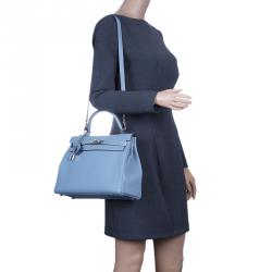 Pre Owned Hermes Blue Lin Togo Palladium Hardware Kelly Retourne 32 Bag