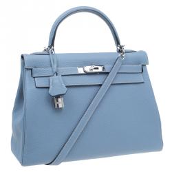 Pre Owned Hermes Blue Lin Togo Palladium Hardware Kelly Retourne 32 Bag