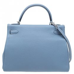 Pre Owned Hermes Blue Lin Togo Palladium Hardware Kelly Retourne 32 Bag