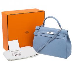 Pre Owned Hermes Blue Lin Togo Palladium Hardware Kelly Retourne 32 Bag