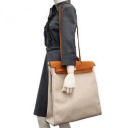 Pre Owned Hermes Tan Leather and Beige Toilea Canvas Herbag MM