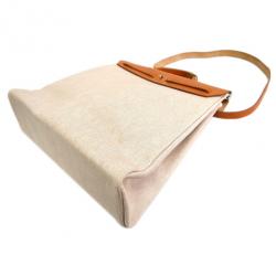 Pre Owned Hermes Tan Leather and Beige Toilea Canvas Herbag MM