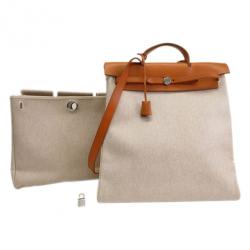 Pre Owned Hermes Tan Leather and Beige Toilea Canvas Herbag MM