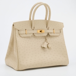 Pre Owned Hermes Parchemin Ostrich Leather Gold Finish Birkin 35 Bag