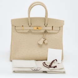 Pre Owned Hermes Parchemin Ostrich Leather Gold Finish Birkin 35 Bag