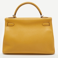 Hermes Jaune Togo Leather Palladium Finish Retourne Kelly 32 Bag