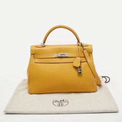 Hermes Jaune Togo Leather Palladium Finish Retourne Kelly 32 Bag