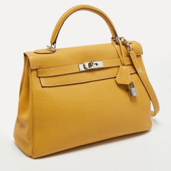 Hermes Jaune Togo Leather Palladium Finish Retourne Kelly 32 Bag