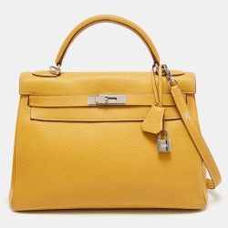 Hermes Jaune Togo Leather Palladium Finish Retourne Kelly 32 Bag