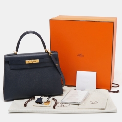 Hermes Blue Nuit Epsom Leather Gold Finish Kelly Sellier 28 Bag