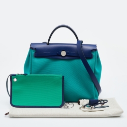 Hermes Bambou/Menthe/Blue Saphir Canvas and Leather Herbag Zip 31 Bag