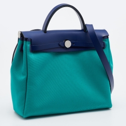 Hermes Bambou/Menthe/Blue Saphir Canvas and Leather Herbag Zip 31 Bag