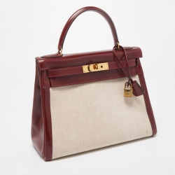 Hermes Rouge H/Beige Toile Canvas And Box Leather Gold Finish Kelly Retourné 28 Bag 