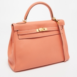 Pre Owned Hermes Crevette Taurillon Clemence Leather Gold Finish Kelly Retourne 32 Bag