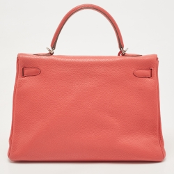 Hermès Rose Jaipur Taurillion Clemence Leather Palladium Finish Kelly Retourne 35 Bag