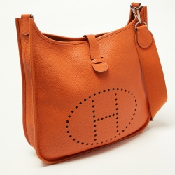 Pre Owned Hermes Orange Taurillon Clemence Leather Evelyne I GM Bag