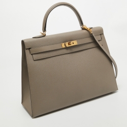 Pre Owned Hermes Gris Asphalt Epsom Leather Gold Finish Kelly Sellier 35 Bag