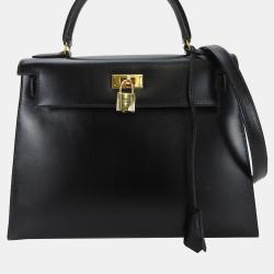 Pre Owned Hermes Boxcalf Shoulder Outside Sewing Black Kelly 28 Handbag