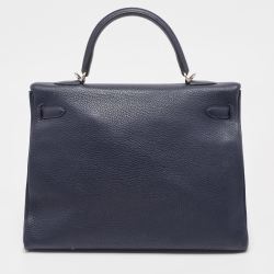 Pre Owned Hermes Bleu Saphir Taurillon Clemence Leather Palladium Finish Kelly Retourne 35 Bag
