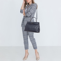 Pre Owned Hermes Bleu Saphir Taurillon Clemence Leather Palladium Finish Kelly Retourne 35 Bag