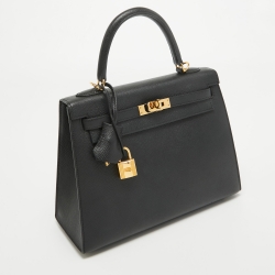 Hermes Noir Epsom Leather Gold Finish Kelly Sellier 25 Bag