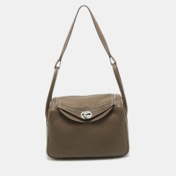Pre Owned Hermes Taupe Taurillon Clemence Leather Palladium Finish Lindy 26 Bag