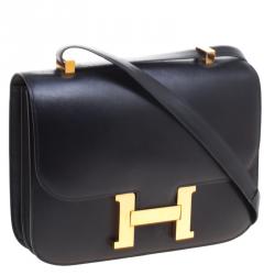 Pre Owned Hermes Black Box Calf Leather Gold Hardware Constance 29 Bag