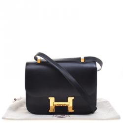 Pre Owned Hermes Black Box Calf Leather Gold Hardware Constance 29 Bag