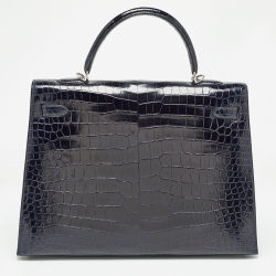 Pre Owned Hermes Bleu Roi Crocodile Palladium Finish Kelly Sellier 35 Bag