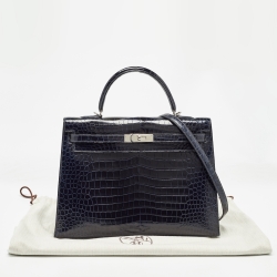 Pre Owned Hermes Bleu Roi Crocodile Palladium Finish Kelly Sellier 35 Bag