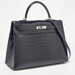 Pre Owned Hermes Bleu Roi Crocodile Palladium Finish Kelly Sellier 35 Bag
