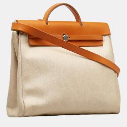 Pre Owned Hermes Brown Leather and Toile Canvas Herbag MM Tote Bag