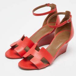 مملوكة مسبقًا Hermes Red Leather Legend Wedge Sandals Size 41