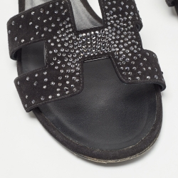 مملوكة مسبقًا Hermes Black Suede Embellished Oasis Slide Sandals Size 38.5