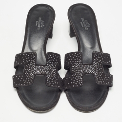 مملوكة مسبقًا Hermes Black Suede Embellished Oasis Slide Sandals Size 38.5